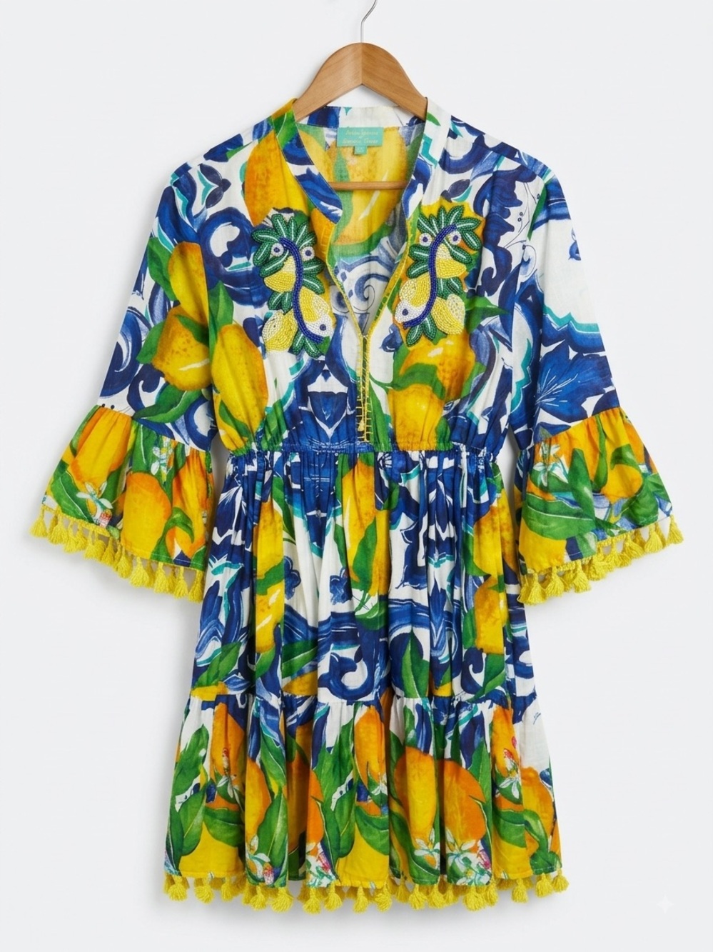 Antica Sartoria by Giacomo Cinque  Lemon & Tile Print Beaded Tassel Mini Dress